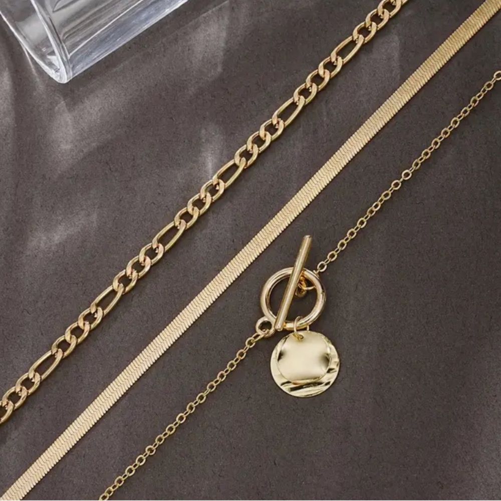 NIB 3-Piece Women's Layered Necklace Set, Snake Bone Chain with Coin Pendant‎ - Picture 6 of 7